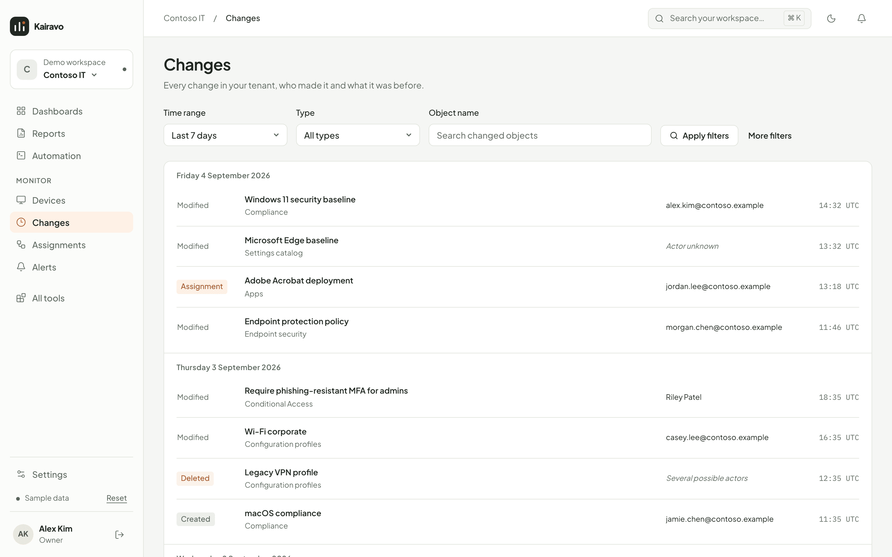 The Kairavo changes list grouped by day, with created, modified, deleted and assignment changes, the changed object, the actor and the time.